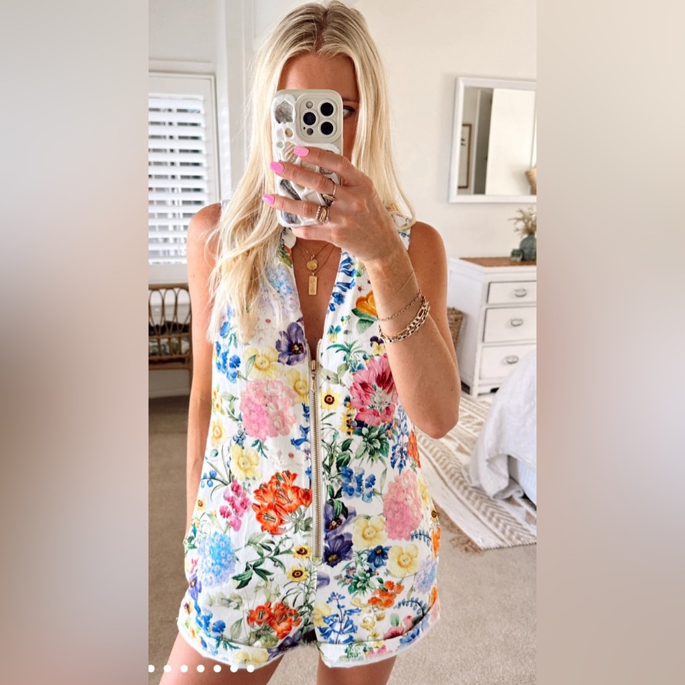Show Me Your Mumu Reno Romper Ivory Botanical Floral Denim